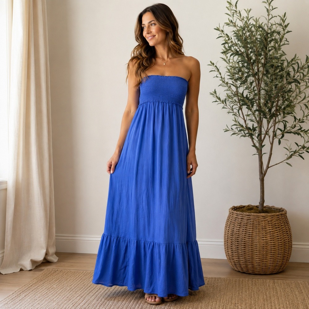 Ralph Lauren Blue Cotton Smocked Strapless Maxi Dress Embroidered Pony Size M